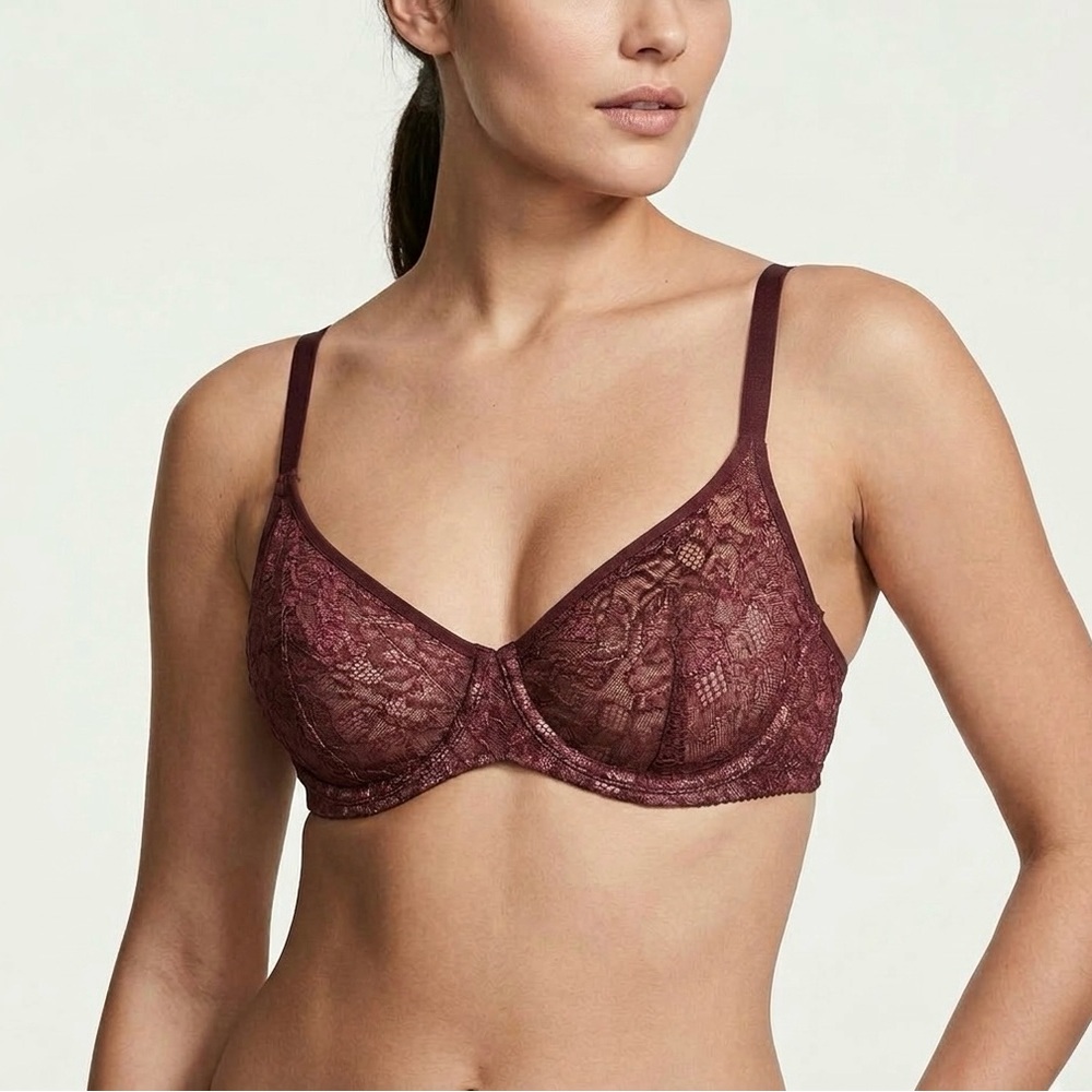 Pink Victoria Secret Maroon Colored Lacey Underwire Demi Bra — Size 34DD